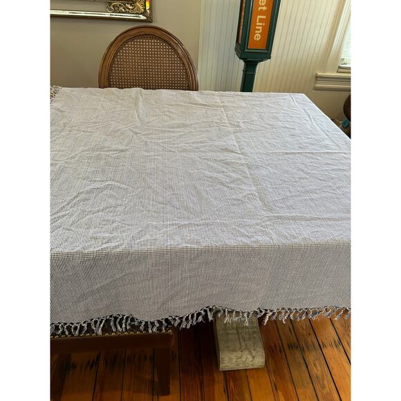 Preppy Blue and White Gingham Check Fringed Square Tablecloth - Picture 2 of 6